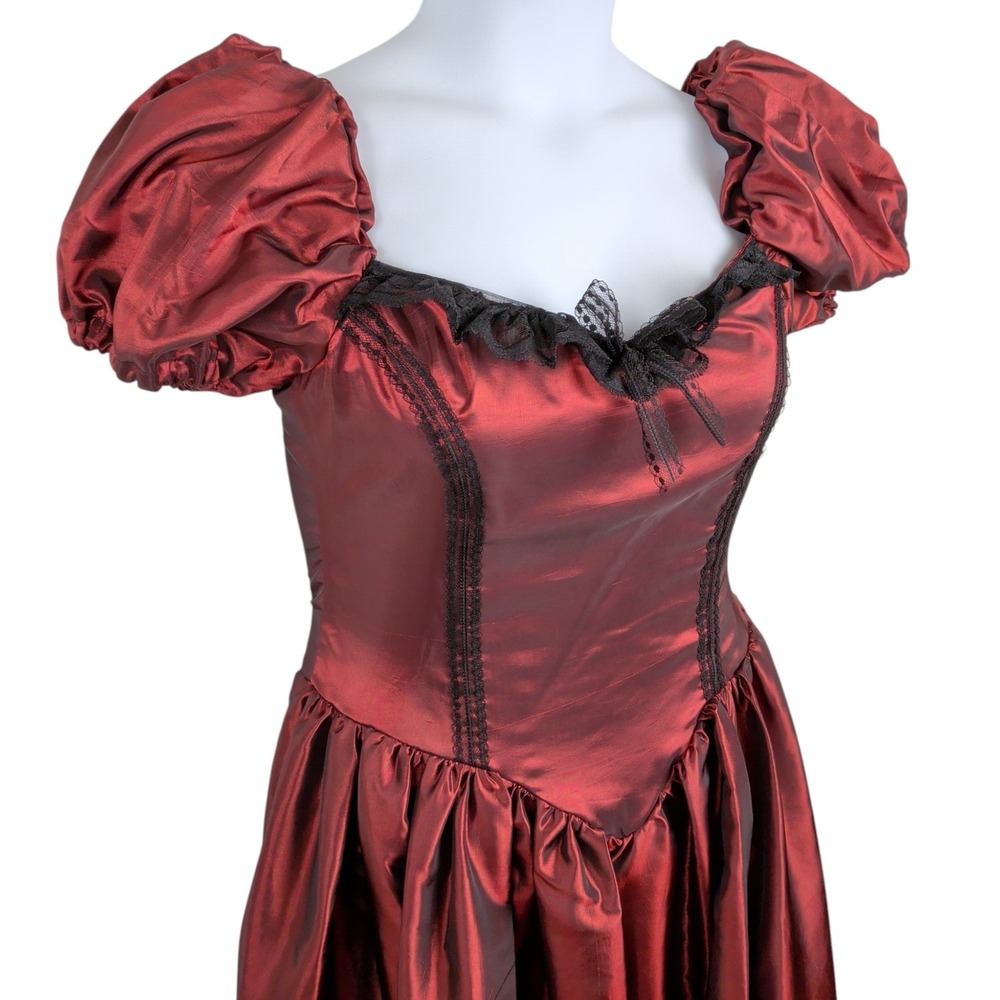 Red Victorian Goth Renaissance Lace Up Corset Dress Puff Sleeve Black Lace Trim